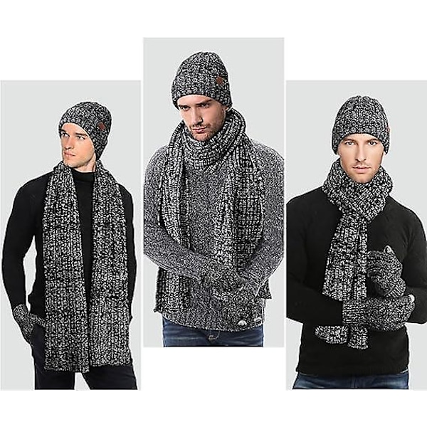 Vintervarm Beanie-lue for kvinner, ullstrikket lue, skjerf og hansker sett, fleece pompom lue, tykt skjerf, hansker, beanies, svart