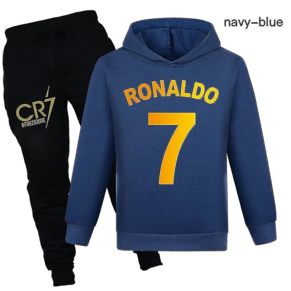 Børne drenge og piger Ronaldo printet langærmet hættetrøje + bukser Casual beklædningssæt Sportstøj Dark blue 5-6 Years