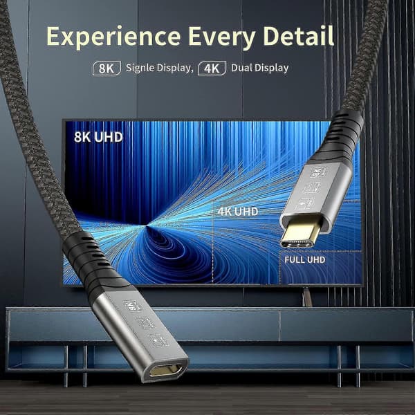 Thunderbolt 4 Förlängningskabel, USB-C Kabel Hane till Hona Stöder 8K/5K@60Hz Video / 40Gbps Dataöverföring / 100W Laddning (0.8m)