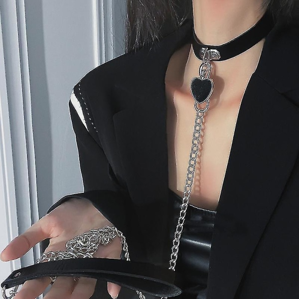 Wabjtam Choker Punk Hauling Chain Pu Läder Krage Metall Ring Gotisk Halsband Nattklubb Goth Koppel Bälten Justerbar Storlek LÅNG