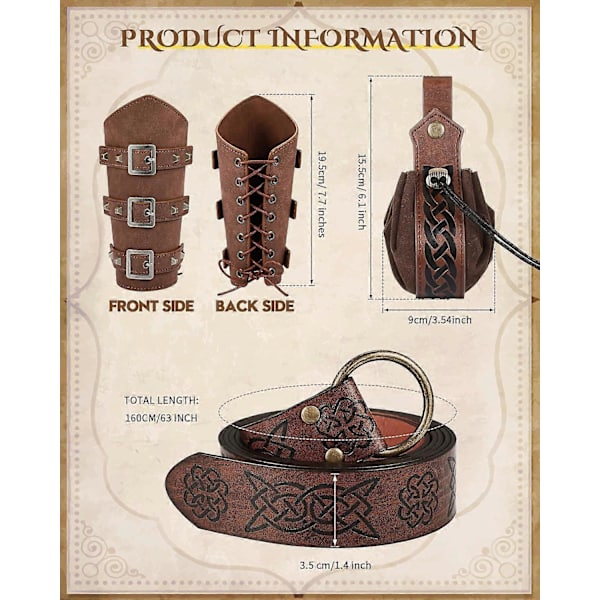 Middelalder Viking Bælte Kunstigt Læder Arm Beskyttere Renaissance Tilbehør Viking Læder Bracers Middelalderlig Taske Brun