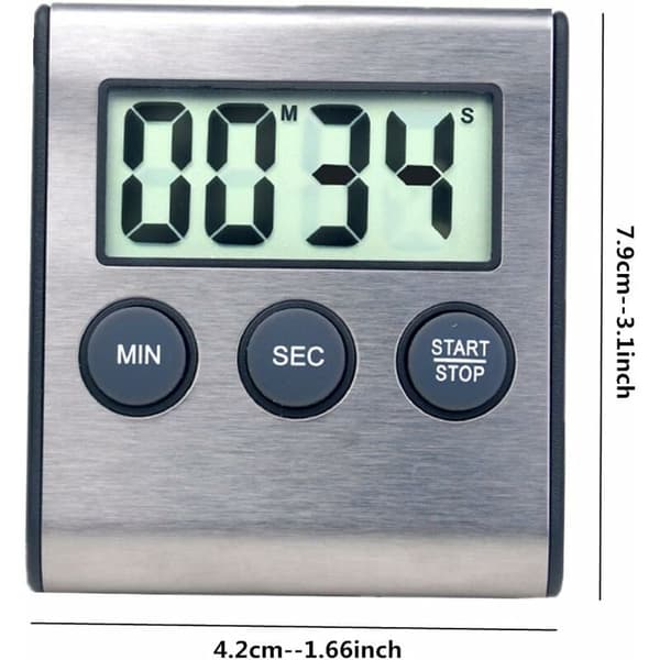 Mini digital timer, 24-timers format, nedtælling og stopur, til madlavning, sport, studier, møder, parkering, medicinsk behandling. Rustfrit stål.