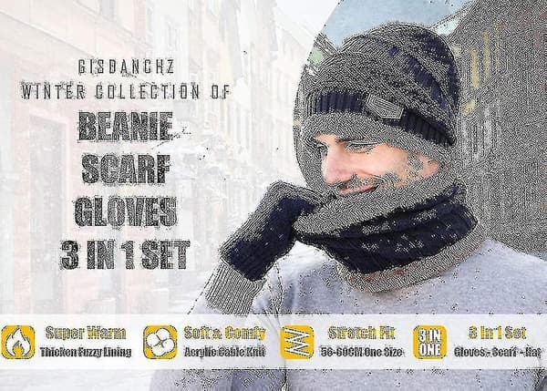 Vinterstrikket Beanie Hat, Halsvarmer og Touchscreen Handsker Sæt til Mænd