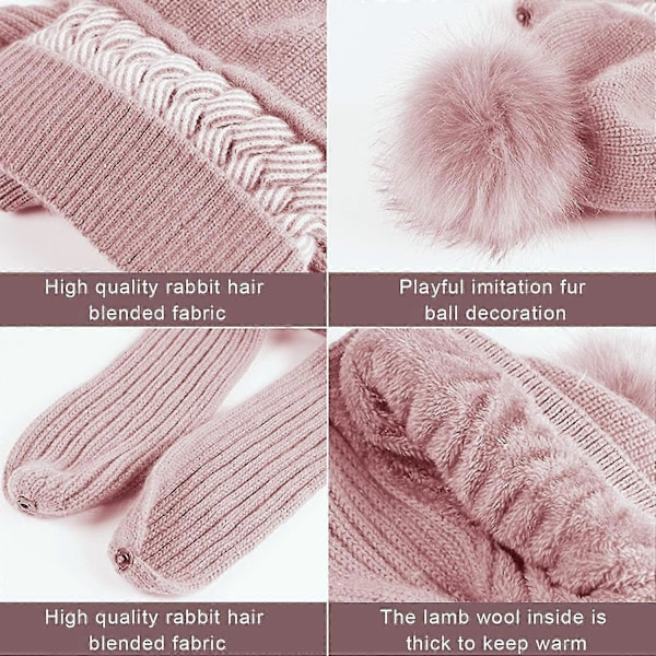 Dames Vinterhue Halsklæde Alt-i-én Beanie med Poms, Fleeceforet Dames Termisk Strikket Skull Hat Beanie, Lys Rosa