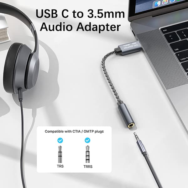 32bit / 384kHz USB-C til 3,5 mm lydadapterkabel DAC-adapter grå