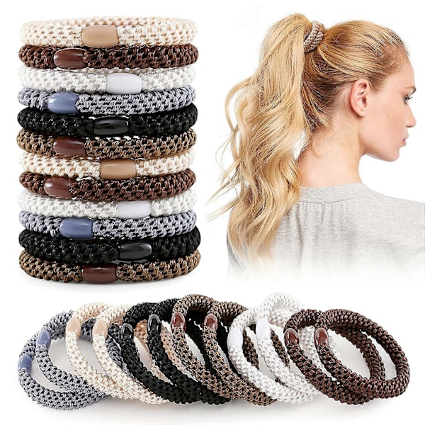 KATEA Hair Ties for Women Thick Hair, 35 Pcs High Elastics Braided Hair Bands, Soft No Damage Ponytail Holder Hair Accessories with Bead(Black/Brown/W