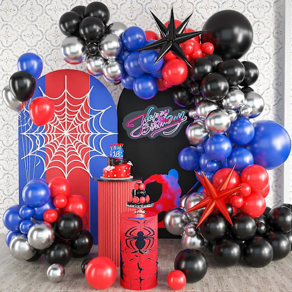 Rød Blå Svart Ballongbue Sett, Spiderman Ballongbue Sett, Røde Blå og Svarte Ballonger Spiderman Tema Festdekorasjoner, Spiderman Ballongbue for