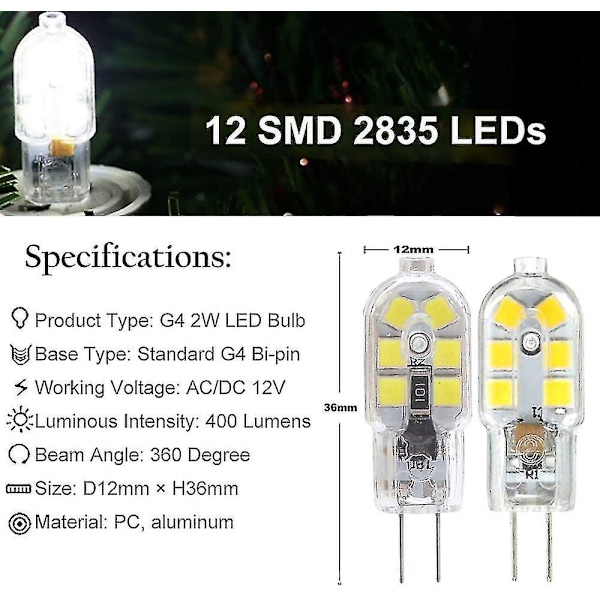 10-pakning G4 2w LED-pære for kjøkkenhettelyspærer, AC/DC 12v, tilsvarende 20w halogenpærer, 200lm, Bi-pin med gjennomsiktig PVC-deksel, kald hvit 6000k, ikke-dimbar