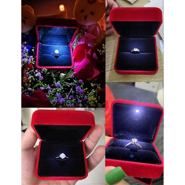 Sammet Ringbox med LED-ljus för Smycken, Presentationsbox för Frieri, Förlovning, Bröllop