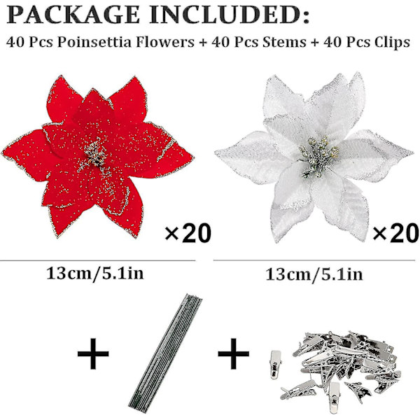 40 stk. Juleblomster i Poinsettia med 40 stk. Klips og 40 stk. Stilke Rød Sølv Juleblomster Glitter