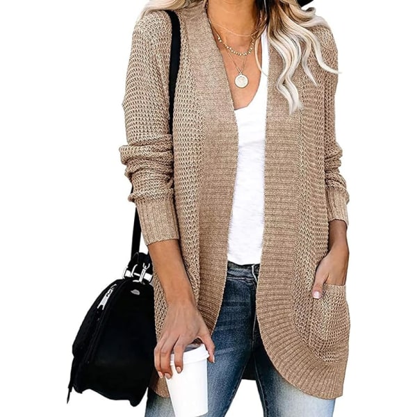 Böjd knappslå för kvinnor, stickad tröja kofta höst och vinterkappa - Khaki M storlek