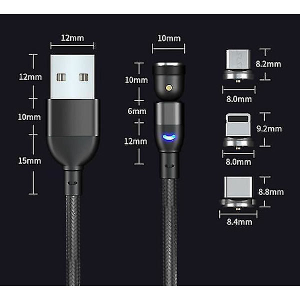 Magneettinen latauskaapeli (1m/2m/3m), 540 asteen pyörivä magneettinen puhelimen laturin kaapeli, 3 in 1 nylon punottu magneettinen USB-kaapeli Type C:lle, Micro USB:lle black 2m