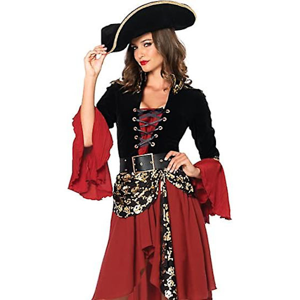 Kvinde 3-delt Cruel Seas piratkaptajn kostume med fastgjort skærf, bælte, hat, sort/bordeaux L