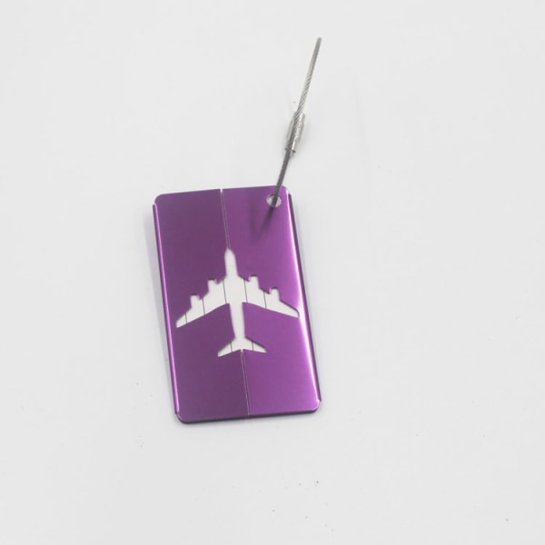Todelt bagagemærke aluminium flymodel rejsebagagemærke med rustfrit stål ledning rejsetilbehør (lilla)-7,5*4,3 cm