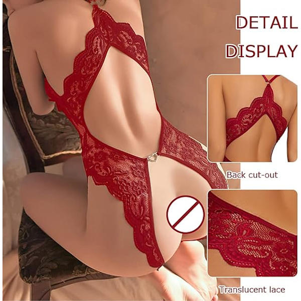 Kvinnors sexiga one piece stygga underkläder djup V-ringad urringad genomskinlig rygglös pyjamas red L