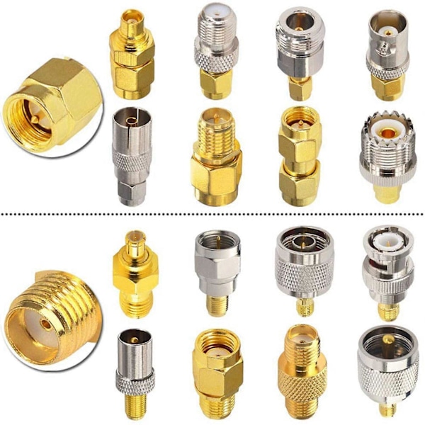 16 Typ SMA-kontakter SMA-adapterkit SMA till MCX/TV/F/BNC/UHF/RP-SMA Rak Typ Nickel Guld Pläterad