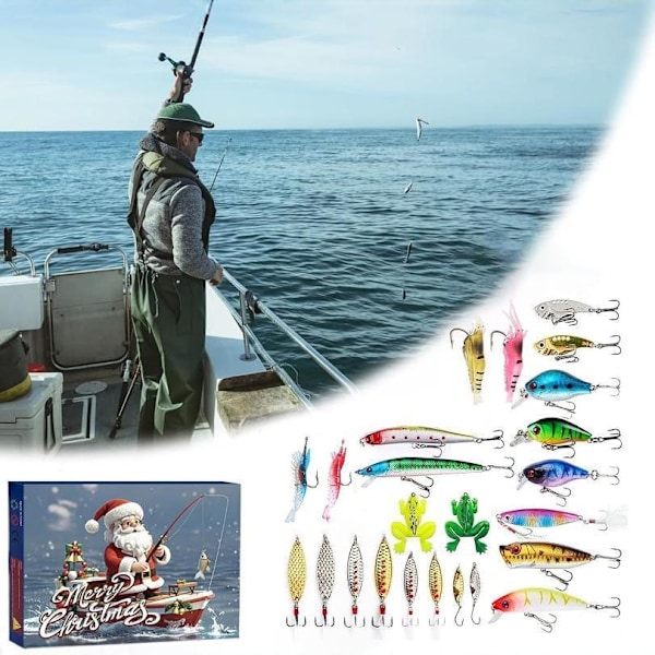 Julkalender för Fiske 2024 - Set med Fiskebeten, Fiskeutrustning för Vuxna Män Pojkar, Fisketillbehör (24 st)