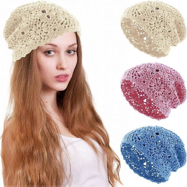 Heklet bomullshette for kvinner, håndlaget strikket blomstrete slouchy beanie-lue med utskjæringer