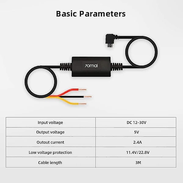 70mai Hardwire-kabelkit för 24h parkeringsövervakning för A500, A800 & Dashcam Wide(midrive Up02