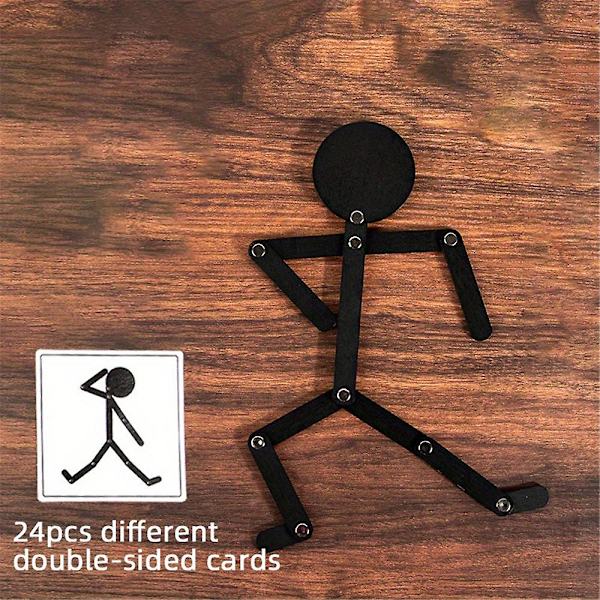 Trästickman leksak, svart trä stickman leksak med 24 kort fest pussel leksak pedagogiskt spel barn present för 3 år+