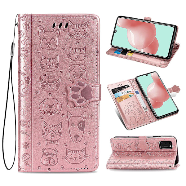 Case For Samsung Galaxy A41 Flip Wallet Embossed Cover Etui Housse Cat Dog Pattern - Rose Gold