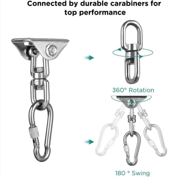 4 kpl kattokoukkuja, 360° kääntyvät ripustuskoukut 304 ruostumatonta terästä, 500 kg:n kantavuus, karabiinikiinnityssarja keinulle, riippumatolle, joogalle, nyrkkeilysäkille