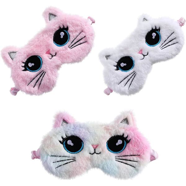 3-pack söta kattögonmasker, plyschdjursovningsmask, 3D ögonbindel, justerbar nattmask för barn flickor kvinnor