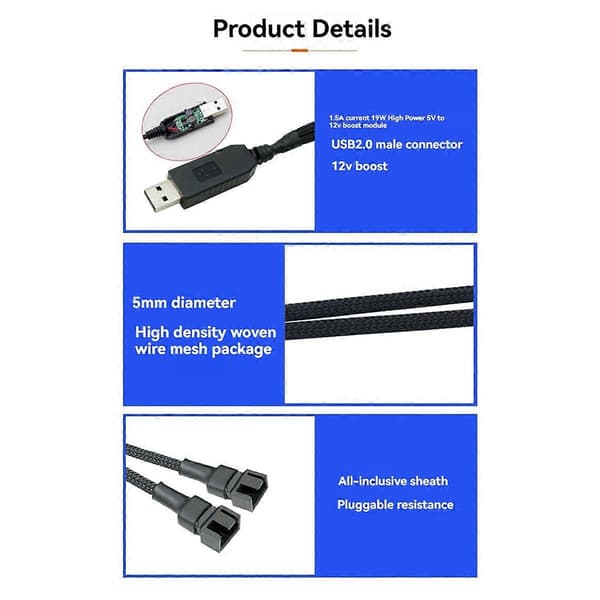 12V USB Vifte Strømadapterkabel 1 til 3 Opptrappings-strømadapterkabel for 4-Pin PC Kjølevifter