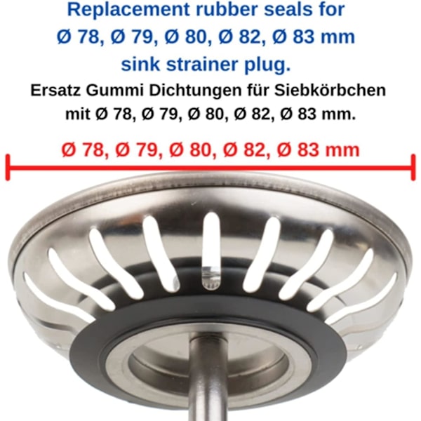 O-ring tetning i gummi, 5 stk. tetninger for badekarpropp, tetningsringer i gummi for kjøkkenvask, kompatibel med Franke kurvsilplugger, kompatibel med 82 83mm