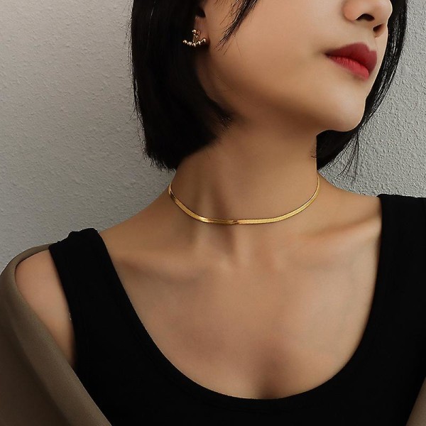 Gold Stainless Steel Herringbone Snake Chain Choker Necklace,1pc-golden,30+8cm For Women