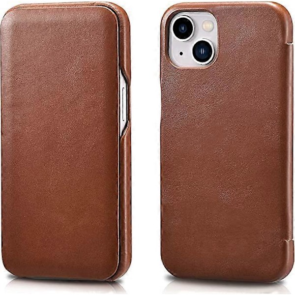 Læder Folio Etui Kompatibel med iPhone 13 mini - Vintage Stil Ægte Læder Flip Folio Design Cover - Indbygget Magnetisk Lukning - Brun 12