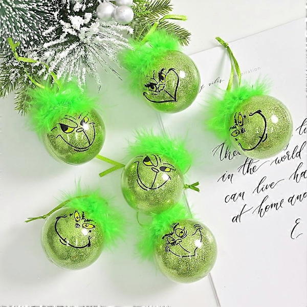 12 st Grinch-prydnader Söta Grinch-Hängande Prydnadskulor med Fluffigt Grönt Hår Glitter Trädbollar för Semesterdekoration