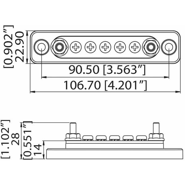 100A virtakisko 2 nastalla, 5 ruuvilla ja kannella, 12V 24V 48V DC