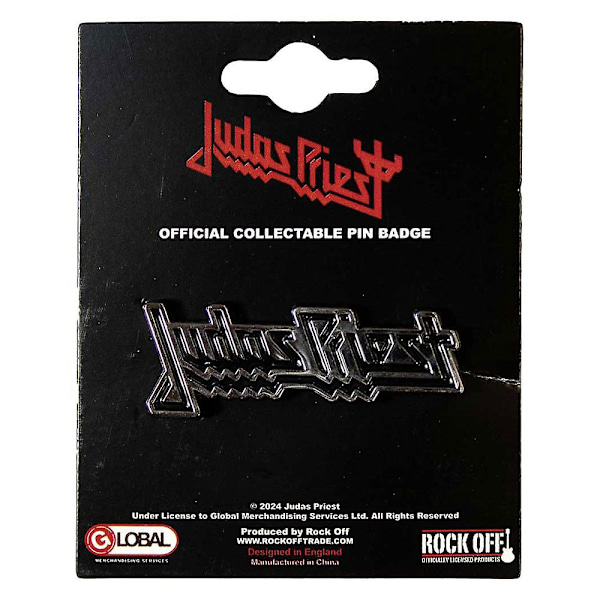 Judas Priest -bändin logolla varustettu pinssinappi