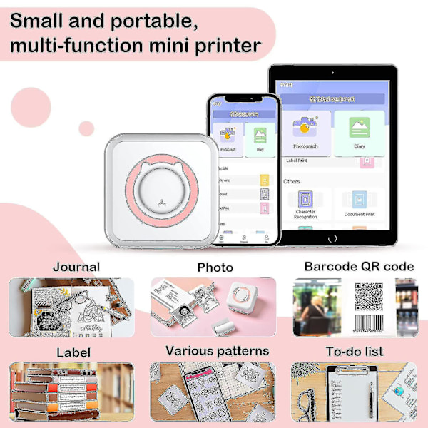 Mini lomme klistermærke printer, Bluetooth trådløs bærbar mobil printer maskine termisk printer til noter, memo, foto, lomme etiket kvittering printer N