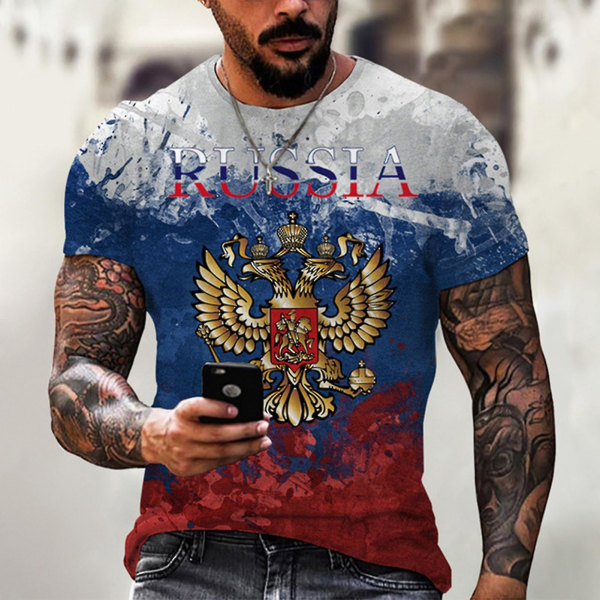 Russian Flag Print Short Sleeve Casual Summer Round Neck T-shirt For Men