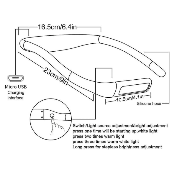 Halsleselampe, boklys for lesing i sengen, 3 justerbare nivåer