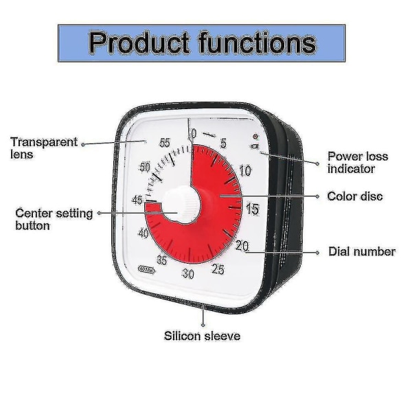 Visuel nedtællingstimer, Oversize klasseværelse visuel timer til børn og voksne, holdbar mekanisk køkkentimer ur