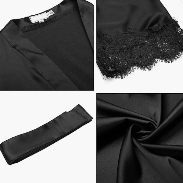 Morgonrock för kvinnor morgonrock blommig spets satinpyjamas - svart