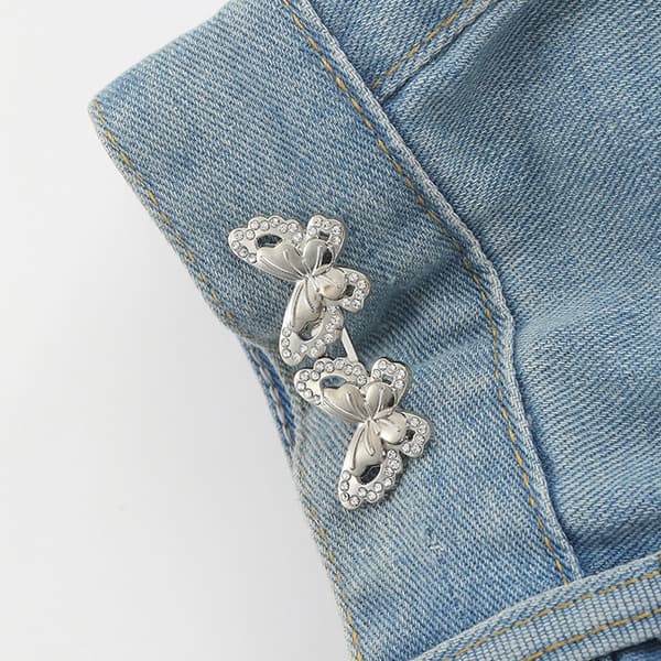 Midjespenne med sommerfugl og rhinstein til jeans (5 par) sølv