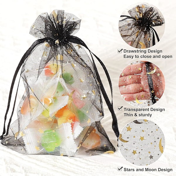 100 stk. Måne- og Stjerne Organzaposer, 11*16cm Bryllupsgaveposer med Snøre, Sorte Organza Gaveposer Gavepose
