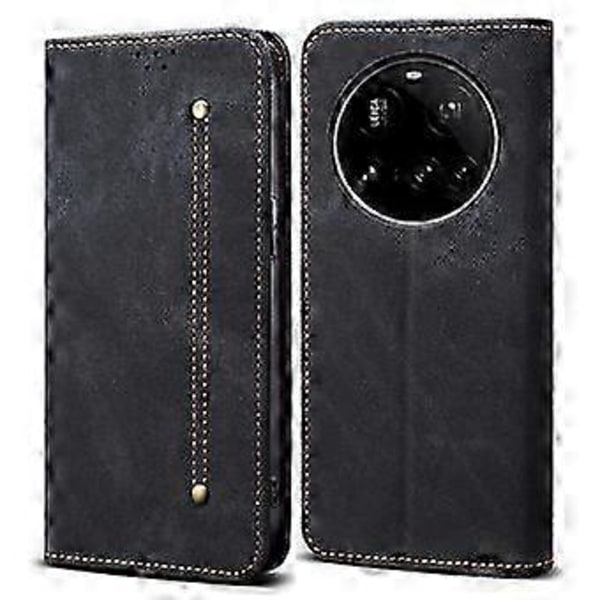 Til Xiaomi 15 Ultra Etui Jeans Stof Tekstur Anti-Ridse Læder Stand Telefon Cover - Sort