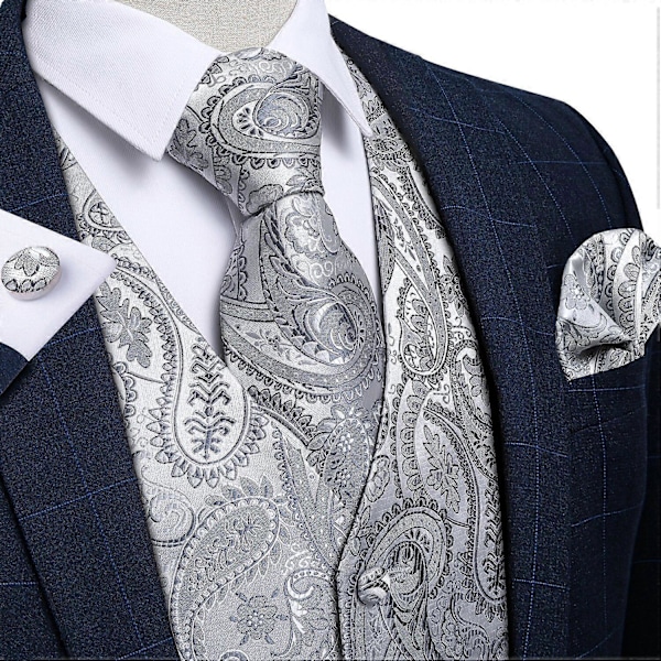 Herrar Klassisk Silver Paisley Blommig Siden Väst Västar Bröllop Näsduk Slips Kostym Väst Set Ärmlös Jacka DiBanGu