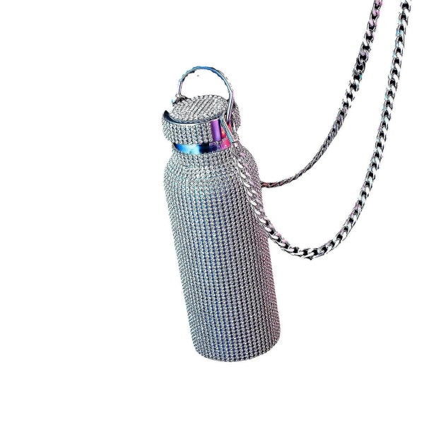 Diamantvandflaske Bling Rhinestone Rustfrit Stål Termisk Flaske Med Kæde Til Kvinder Piger Gave - Jxlgv silver