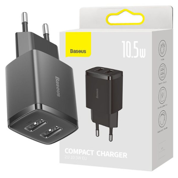 Baseus Compact 2xUSB 10.5W sort vægoplader