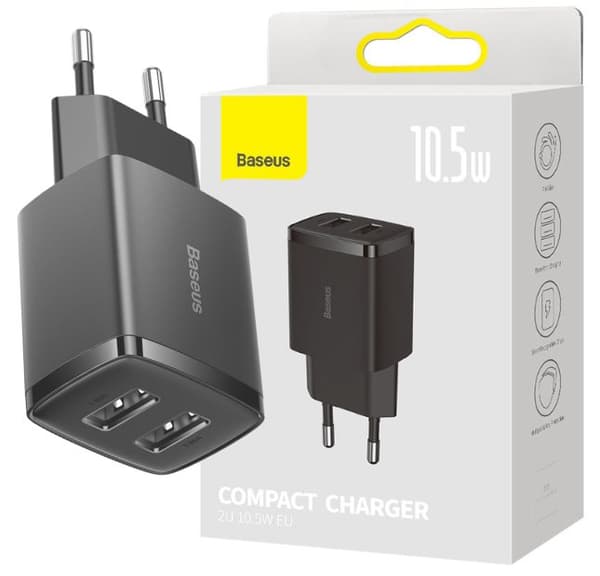 Baseus Compact 2xUSB 10.5W svart väggladdare