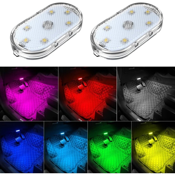 2-pack LED-lampa för bil, 7-färgs USB uppladdningsbar billäslampa
