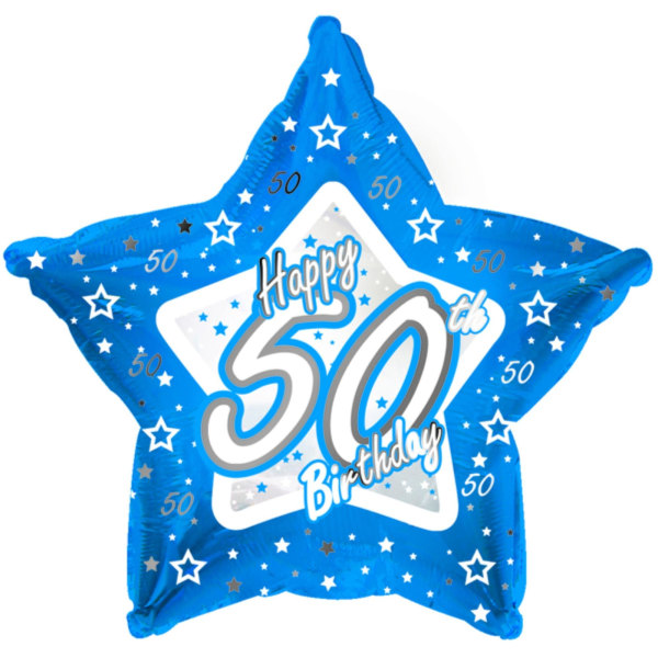 Stjerneformet folieballon med Happy 50th Birthday design. Størrelse: (ca.) 18in. Leveres oppustet for enkel forsendelse. Levert av Creative Party Ltd.