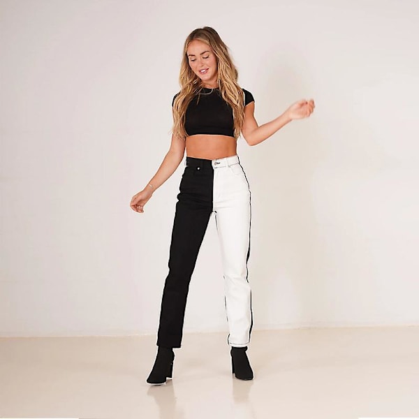 Dame Højtaljede To-tone Farveblok Jeans Straight Leg Stræk Denim Bukser XL