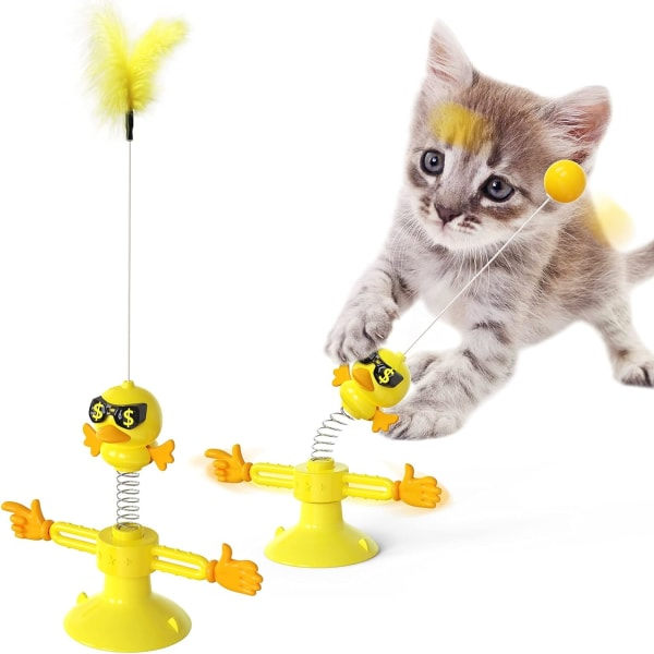 Katt leksak med kraftfull sugkopp, skivspelare katt leksak med två händer och fjäder